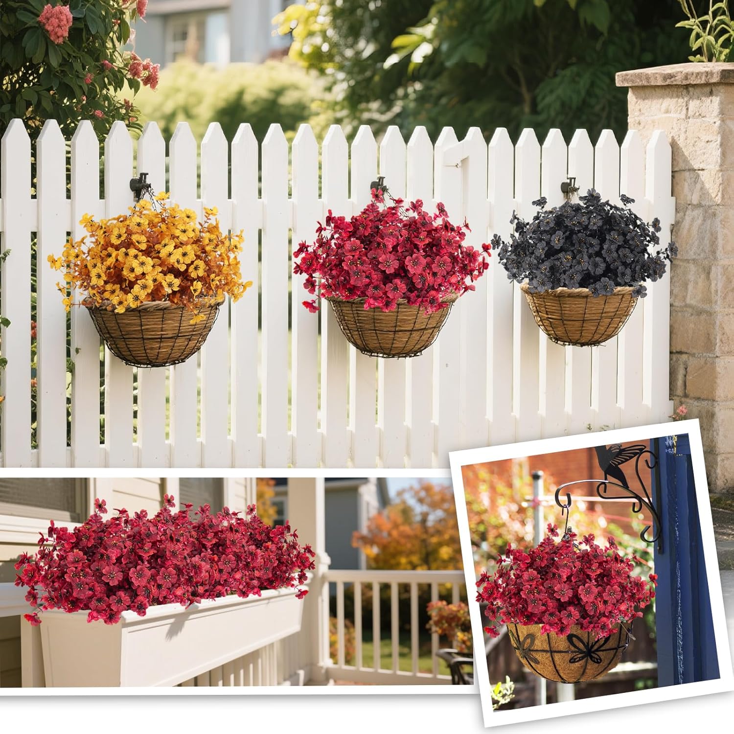 RECUTMS Realistic Artificial Plants Artificial Mums Fall Flowers Fake Fall Plant UV Resistant Fake Flowers Realistic Eucalyptus Leaves Silk Mums Faux Autumn Plant for Thanksgiving Home Decor(Wine Red)