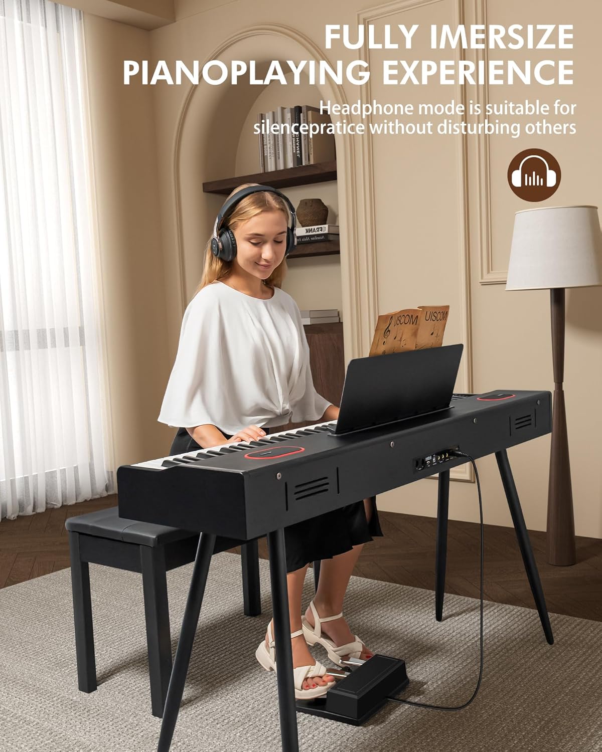 Person playing UISCOM U310 Digital Piano with headphones