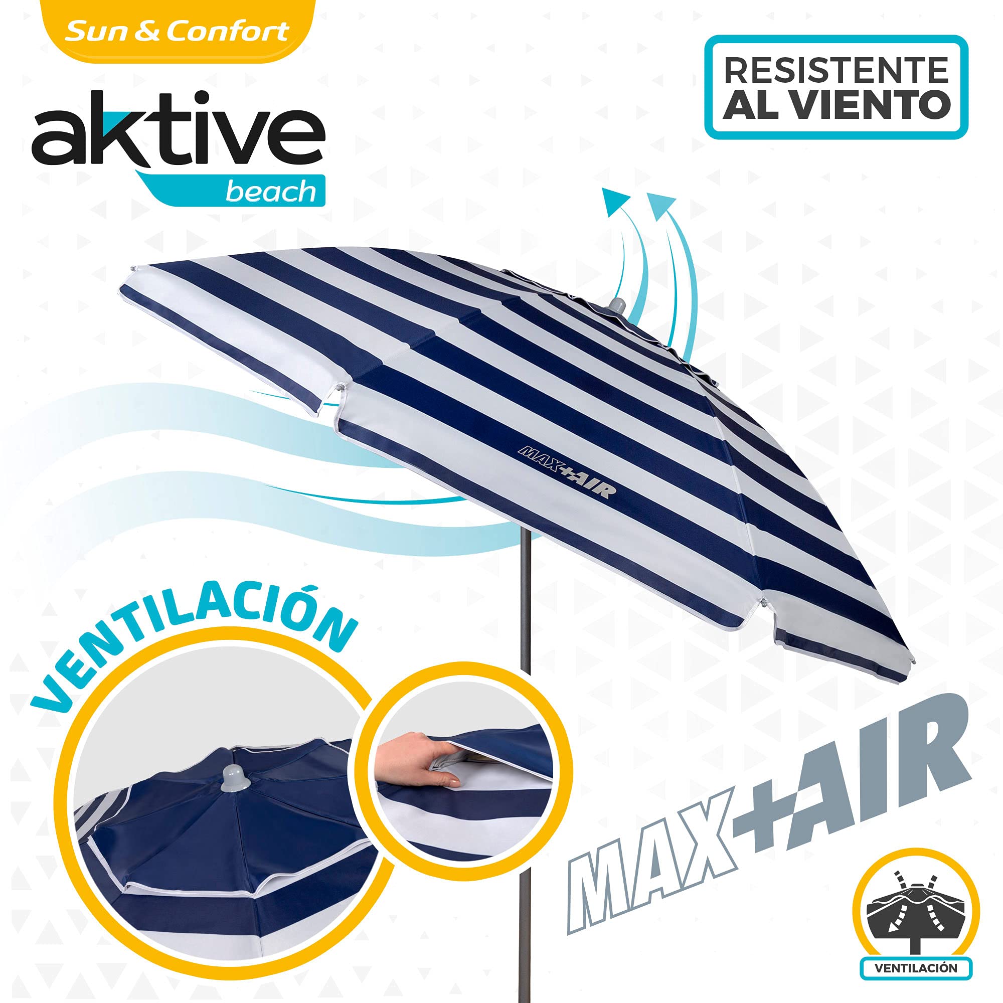AKTIVE Parasol de Plage, 220 cm, Pare-Soleil Résistant au Vent, Toit de Ventilation, Mât 28-32 mm, Protection UV50, Motif Rayures Sailor, Sac de Rangement Inclus