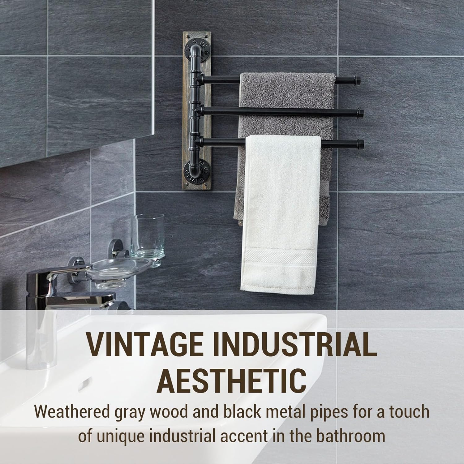 MyGift 17.3 Inch Wall Mounted Bathroom Swivel Towel Rack on Vintage Gray Solid Wood Board, 3 Tier Industrial Black Metal Pipe Bars with 180 Degree Swing for Towels
