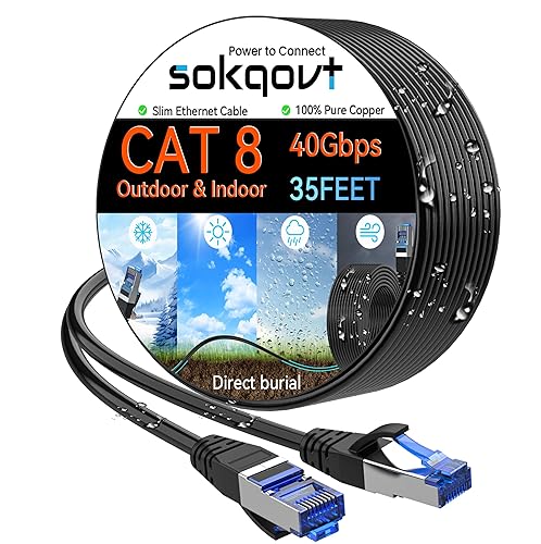 Miniatura 19 de Cable Ethernet Cat 8 delgado de 100 pies para exteriores e interiores, cable de Internet Cat8 de cobre puro impermeable y para enterramiento