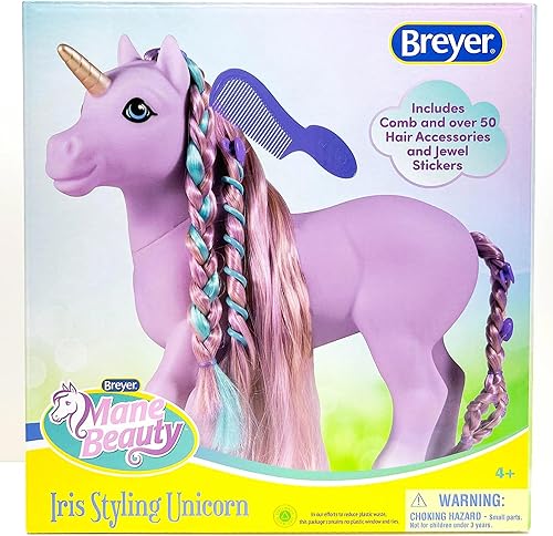 Breyer Unicornio de belleza de melena de caballos, iris, morado, extra largo, sedoso, sin enredos, 10 x 3.5 x 10.5 pulgadas, 7 accesorios, 30 bandas