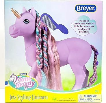 Breyer Horses Mane Beauty Styling Unicorn | Iris | Purple Extra-Long Silky No Tangle Mane | 10" x 3.5" x 10.5" | 7 Accessories, 30 Hair Bands, and 22 Jewels | Unicorn Toy | Model #7416