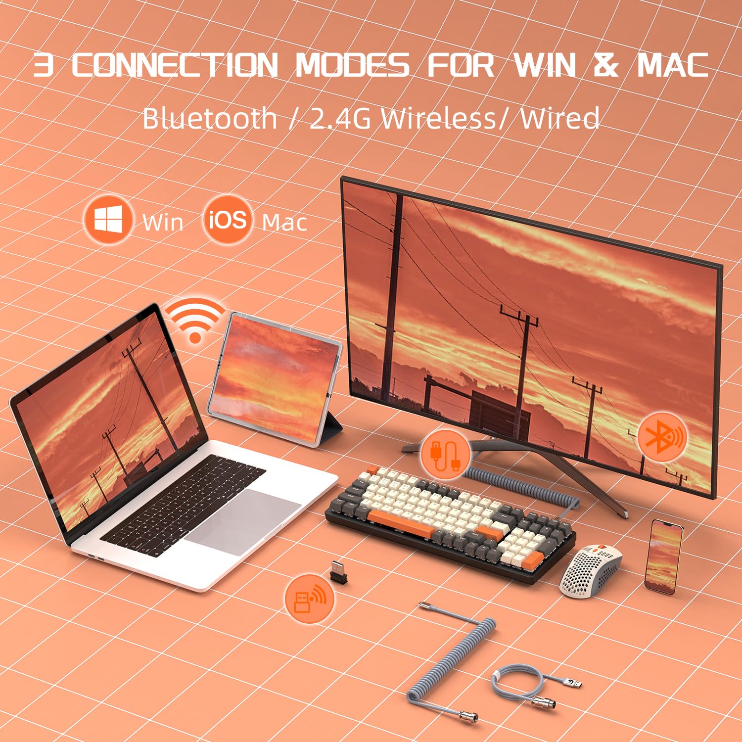 MAMBASANKE K6 Pro 96% 3 Modos Teclado mecánico para Juegos Hot Swap 4000mAh 2.4Ghz/Bluetooth 5.0/Teclado con Cable con Cable USB en Espiral Tipo-C 9 RGB Interruptor Azul retroiluminado -Shimmer