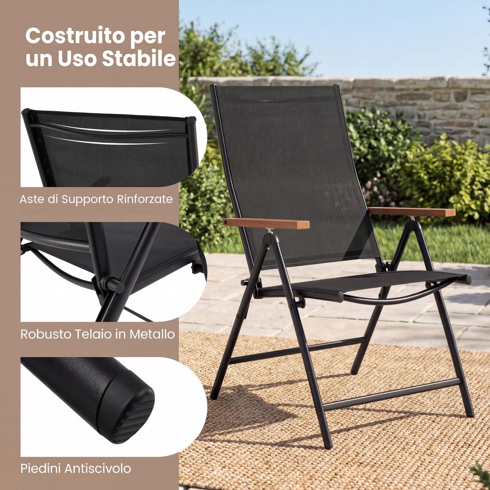 COSTWAY Set di 2/4 Sedie da Giardino Pieghevole, Struttura in Metallo, Poltrona in Tessuto Traspirante, Schienale Regolabile, per Balcone, Giardino, Terrazzo, Portata 150 kg (2,Nero)
