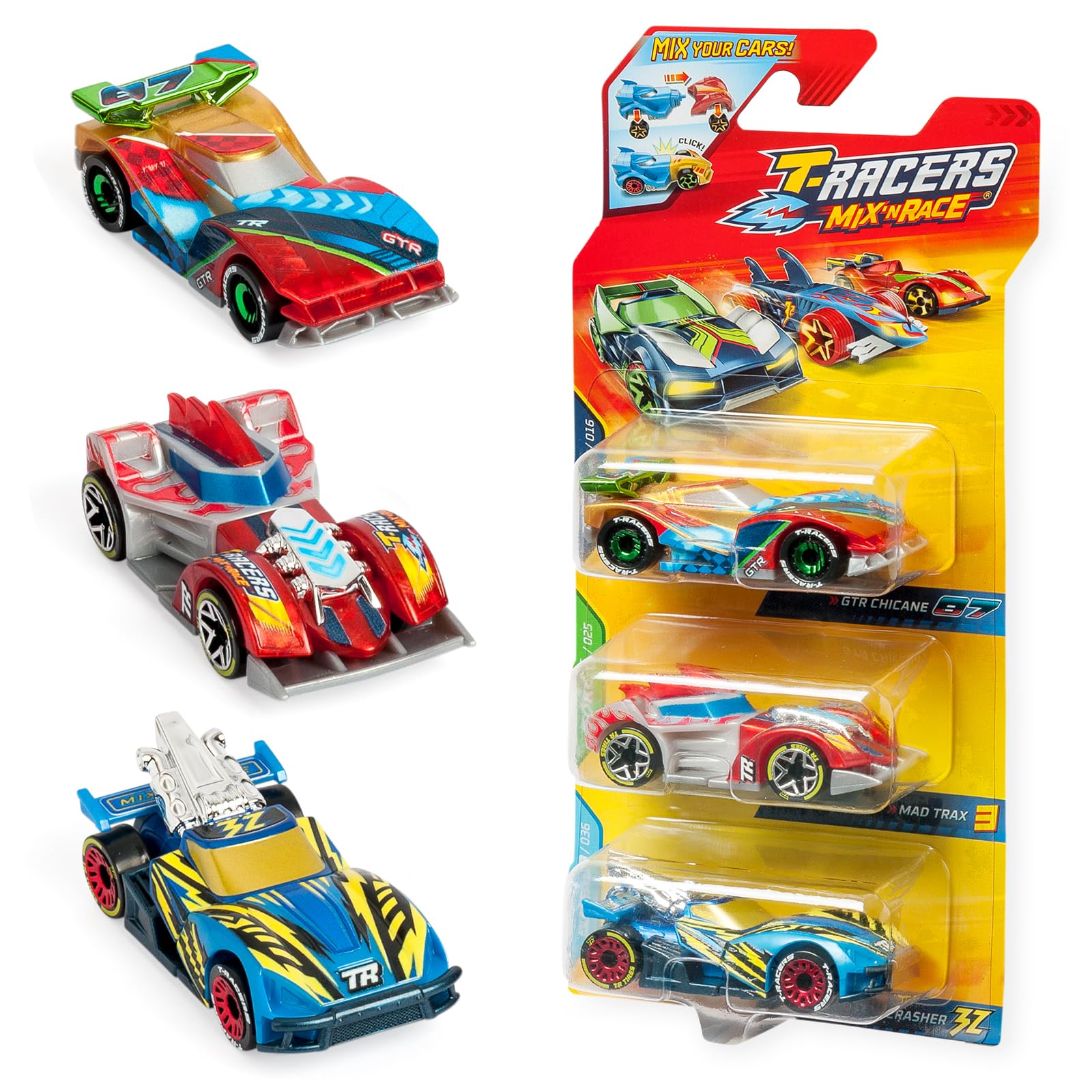 T-RACERS Mix ´N RACE 3 Pack - Pack of 3 collectible cars. Each car can be split in two with interchangeable parts and wheels. Pack 9/12