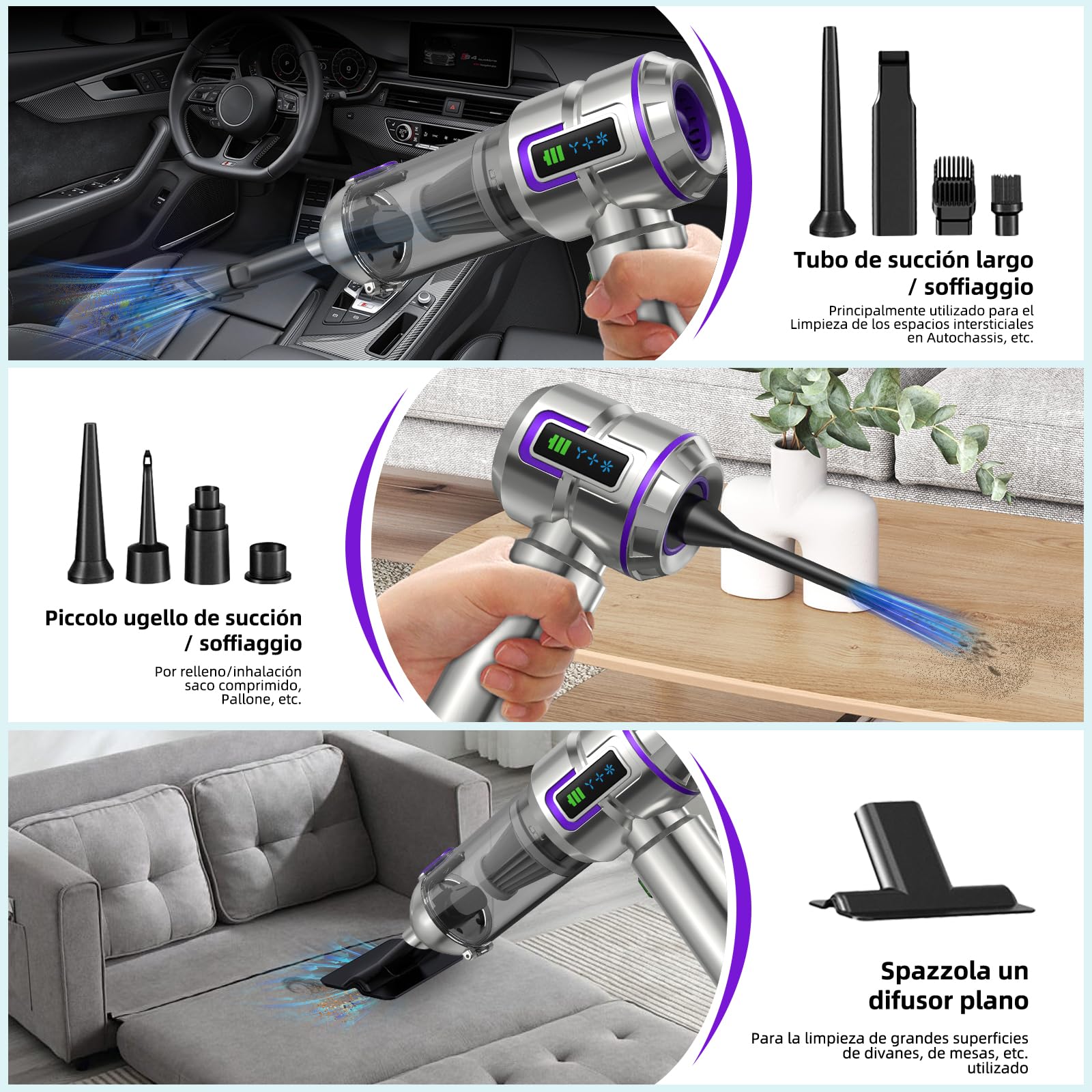 Aspirador de Mano, 25000Pa 4 en 1 Aspiradora sin Cable, Descarga de Polvo Auto-Aspirador con un Toque, Motor sin Escobillas, 3 Niveles de Succión, para el Hogar/Oficina/Coche/Pelo, Plateado