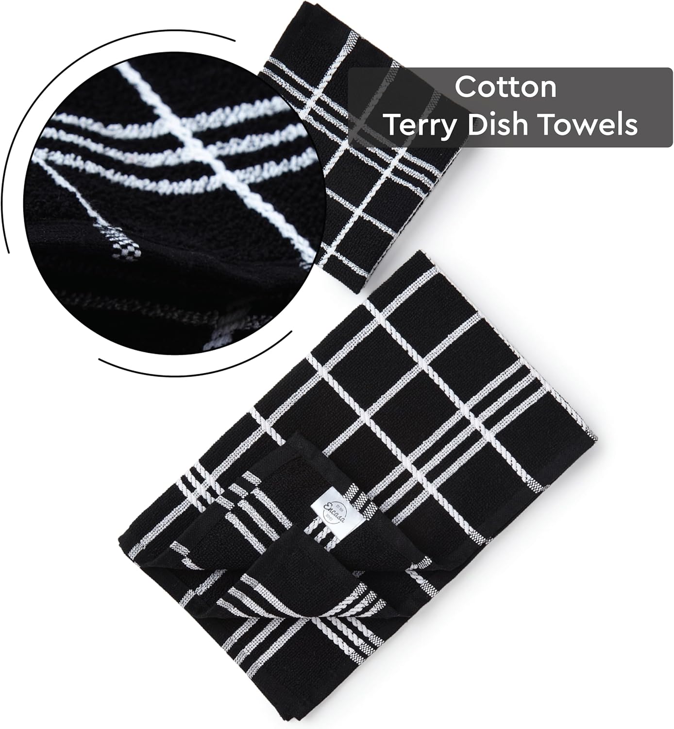 Encasa XO Kitchen Towels and Dish Cloths Sets | Black Combo Highly Absorbent Cotton Terry Towels | 12x12 inch & 16x24 inch | Multipurpose for Washing Dishes and Cleaning Pack of 10