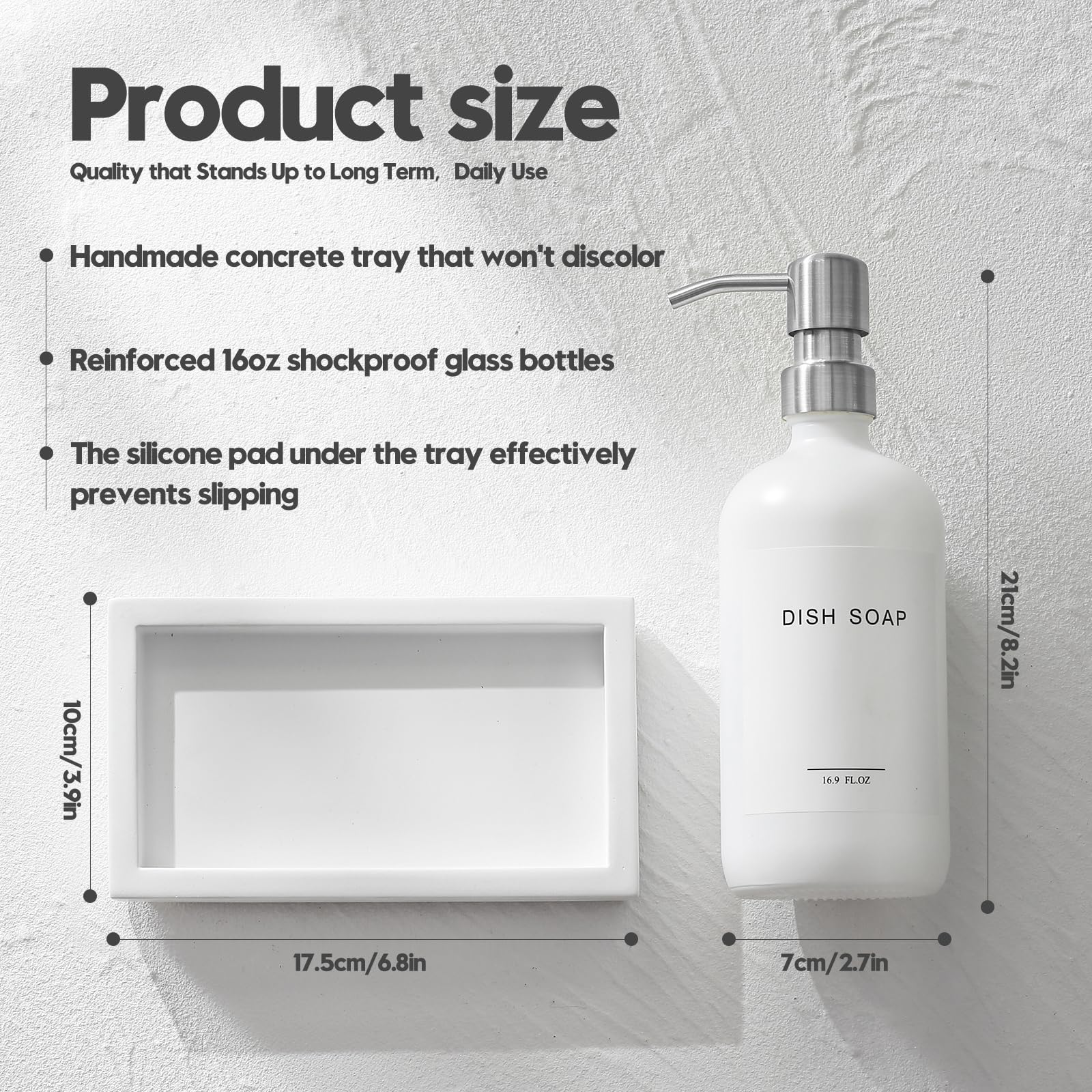 Dispenser di sapone in vetro con pompa e vassoio per cemento, dispenser di sapone vintage per bagno e cucina, set con etichette impermeabili per sapone per piatti, sapone per le mani, lozioni (bianco