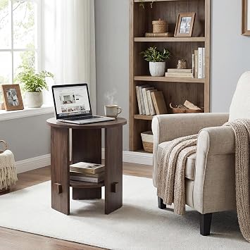 Round End Table with 2-Tier Storage, 19.5 Side Table, Walnut