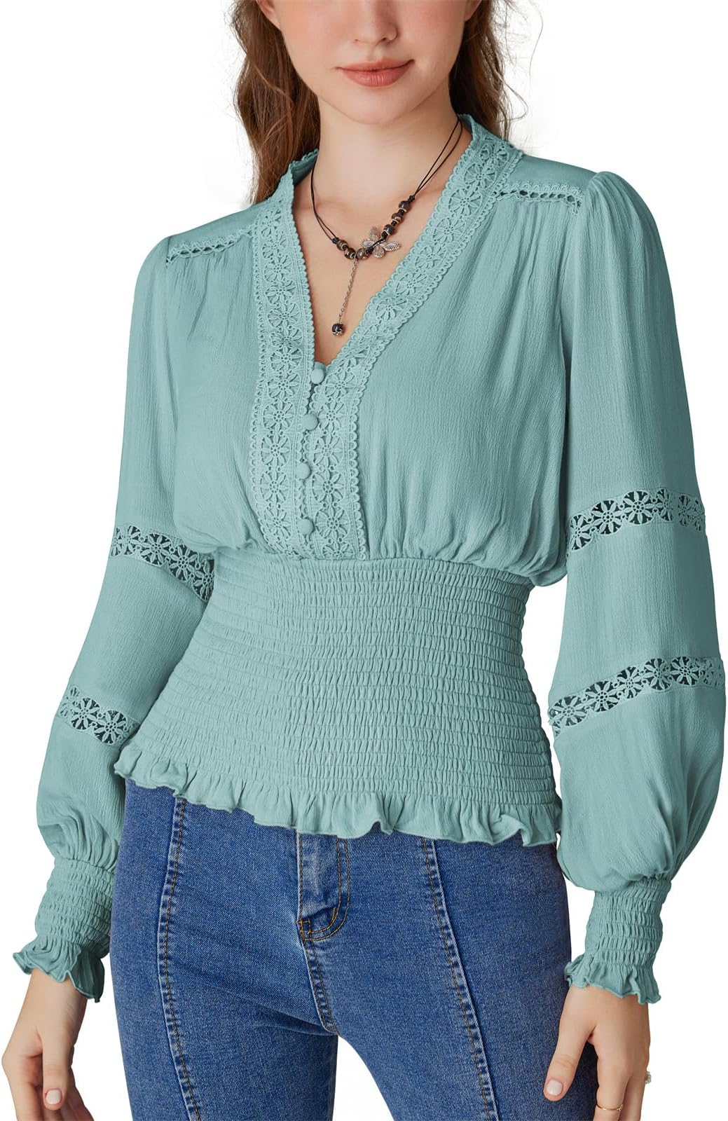 SCARLET DARKNESSWomen's Renaissance Peasant Blouse V Neck Lantern Sleeve Lace Smocked Tops