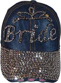 Popfizzy Womens Bling Cap, Rhinestone Baseball Cap, Bejeweled Distressed Denim Hat, Bling Gifts for Women