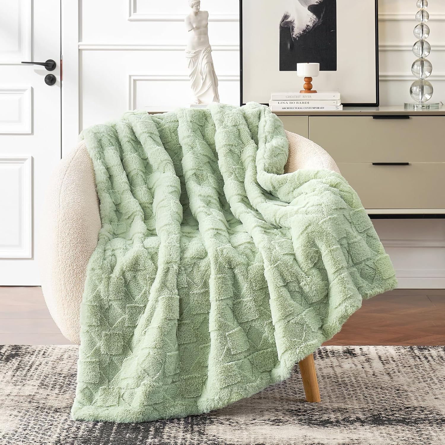 Cozy Bliss Faux Fur Textured Throw Blanket for Bed Super Soft Fuzzy Checkered Couch Blanket Gift for Women Premium 3D Jacquard All Season Use Sage Green Geom 60"*80" - Image 2