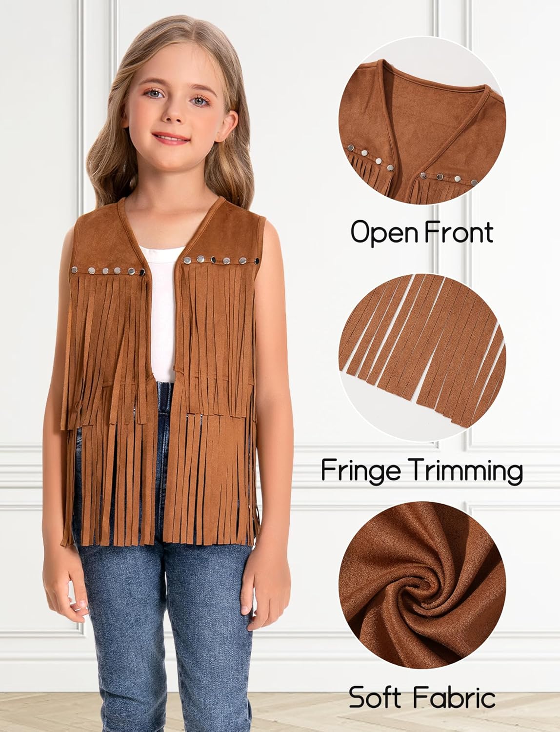 Happy Cherry 2025 Girls Suede Fringe Vest Sleeveless Rivets Jacket Boho Tassels Cardigan Western Cowgirl