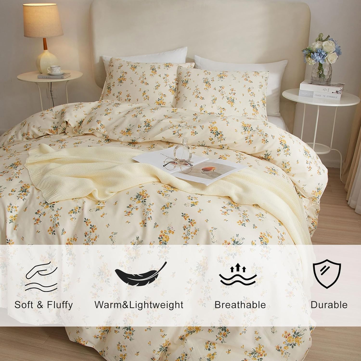 EAVD Vintage Style Garden Yellow Floral Comforter Set Queen White Soft Microfiber Chic Rose Floral Bedding Set with 2 Pillowcases Reversible Botanical Comforter Set for All-Season - Image 3