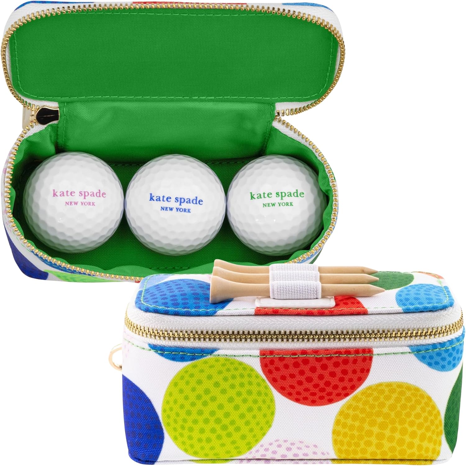 Kate Spade New York Women's Golf Set - 3 Wooden Tees & 3 Balls With Zipper Pouch, Gold Clasp Secures to Bag, Golfball Pattern Mini
