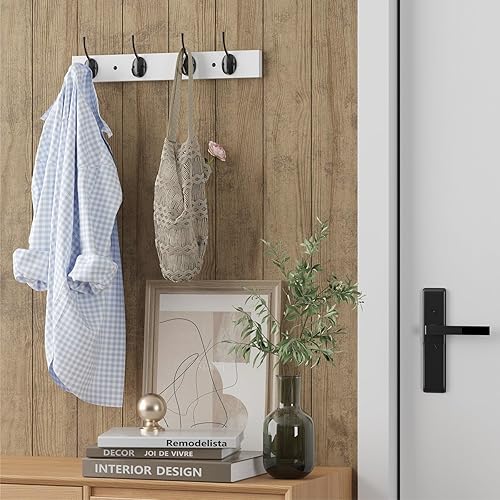 Miniatura 2 de Percheros montados en la pared, perchero de madera para sombreros con 4 ganchos para entrada, baño, dormitorio (blanco)