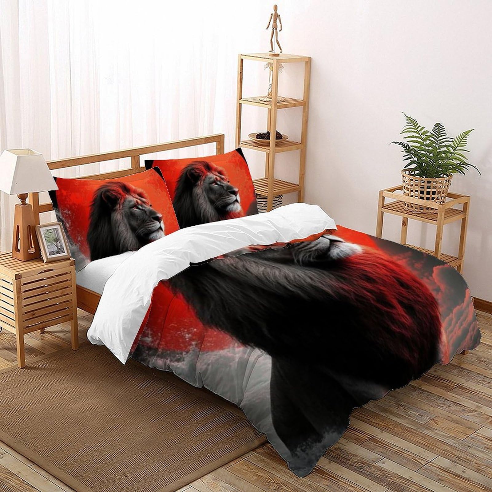 Housse de couette King motif animaux sauvages lion 3D microfibre avec fermeture éclair pratique