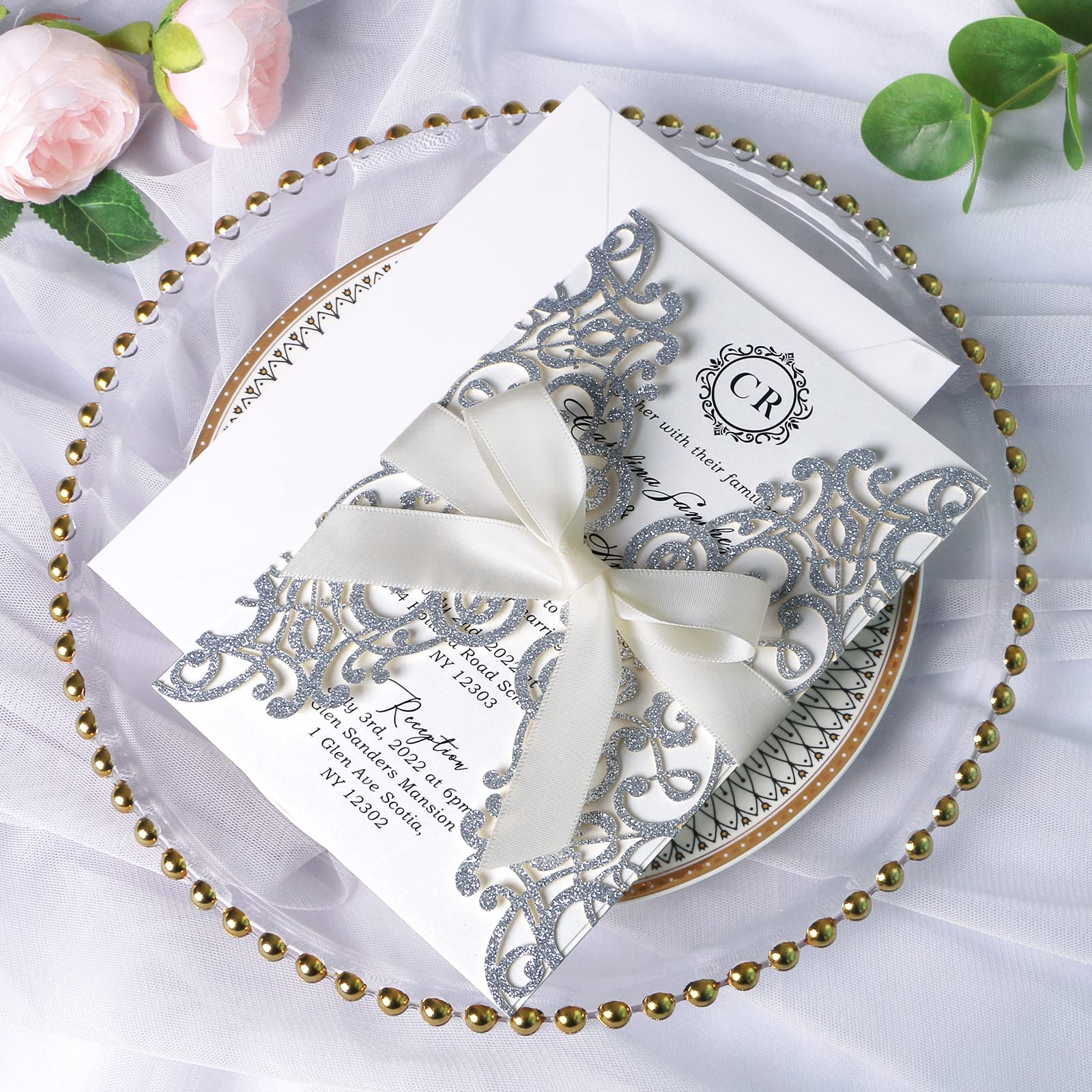 Ponatia 25PCS laser Cut Hollow rose con trapano invito di matrimonio fidanzamento doccia compleanno laurea biglietti d' invito Slivery Glitter