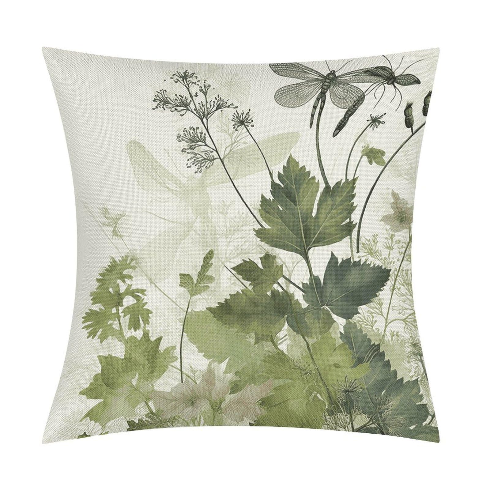 Foliage And Herbs with Dragonflies Winged Throw Pillow Covers Farmhouse Pillow Cover Standard Pillow Shams Decorative Square Pillowcases Soft Pillow Cases Wrinkle Fade Resistant for Couch Home 18x18 I