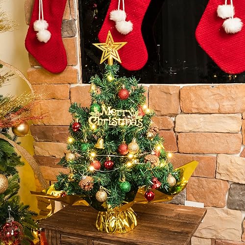 Miniatura 4 de XmasExp Juego de mini árbol de Navidad de mesa de 20 pulgadas con 2 luces LED, árbol de estrellas, bolas de adornos, campanas y conos de pino, las
