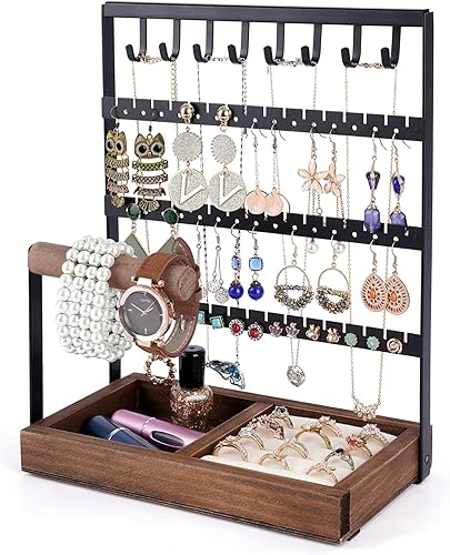 Organizador de aretes de 8 ganchos soporte para aretes collar de 5 niveles barra de madera para pulseras anillos y relojes en la mesa de escritorio