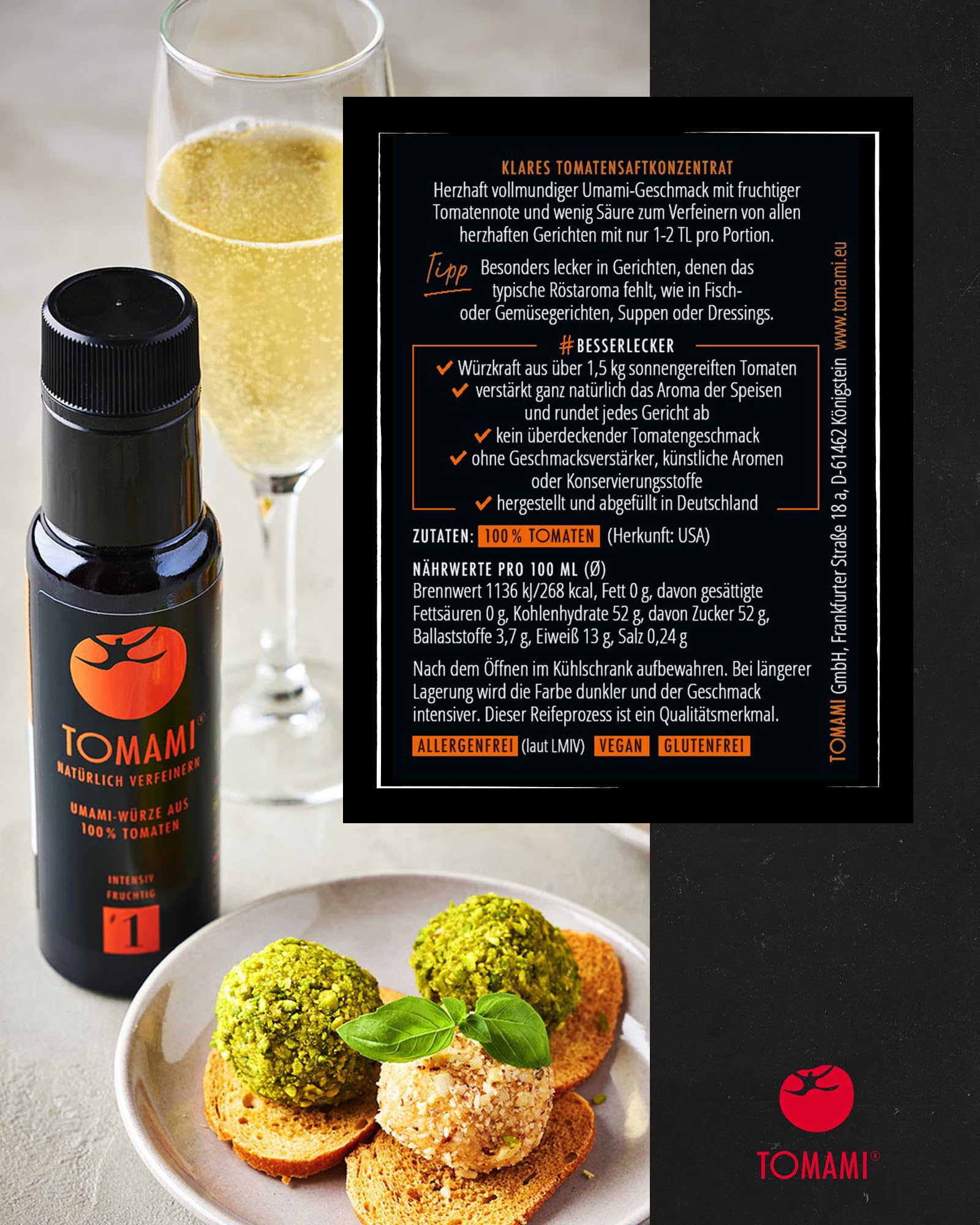 TOMAMI No.1 Umami Würzsauce 740ml -100% Tomate, Vegan, Glutenfrei, Intensiv | Laktosefrei, Sojafrei - Intensiv-fruchtiger Geschmack - Für Fleisch, Fisch & Gemüse