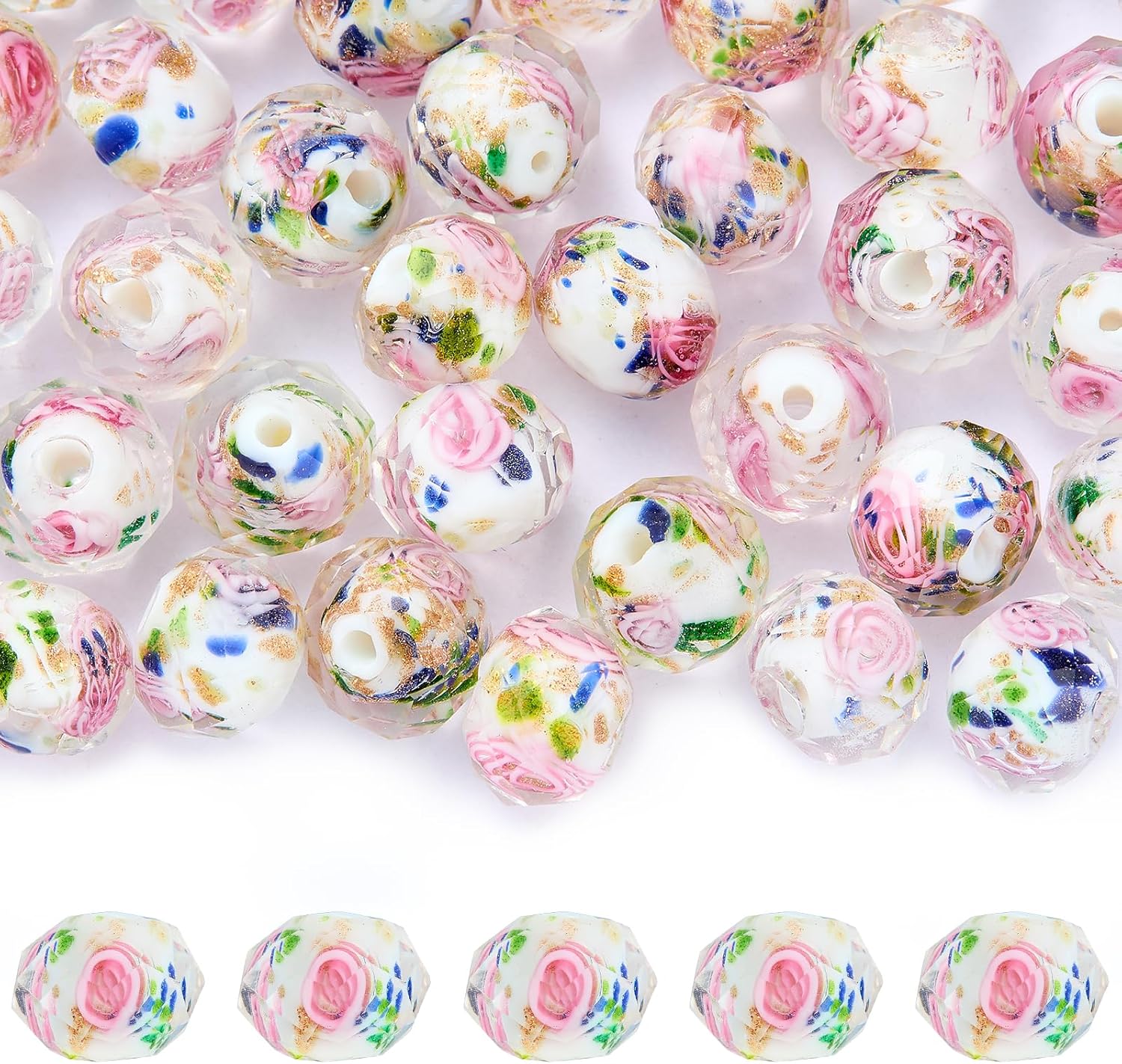 60 PCS Colorful Floral Lampwork Beads 10mm Gold Sand Faceted Glass Round Loose Beads for DIY Bracelet Necklace Earring Jewelry Making Supplies (White)