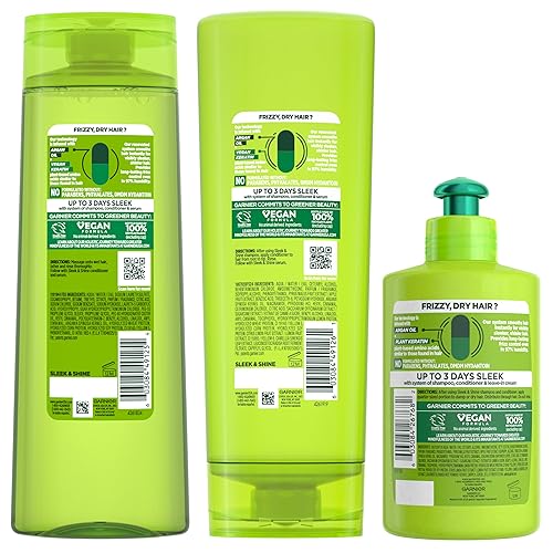 Miniatura 11 de Garnier Fructis Sleek & Shine Shampoo, Conditioner + Leave-In Conditioner Set for Frizzy, Dry Hair, Plant Keratin + Argan Oil (3 Items), 1 Kit