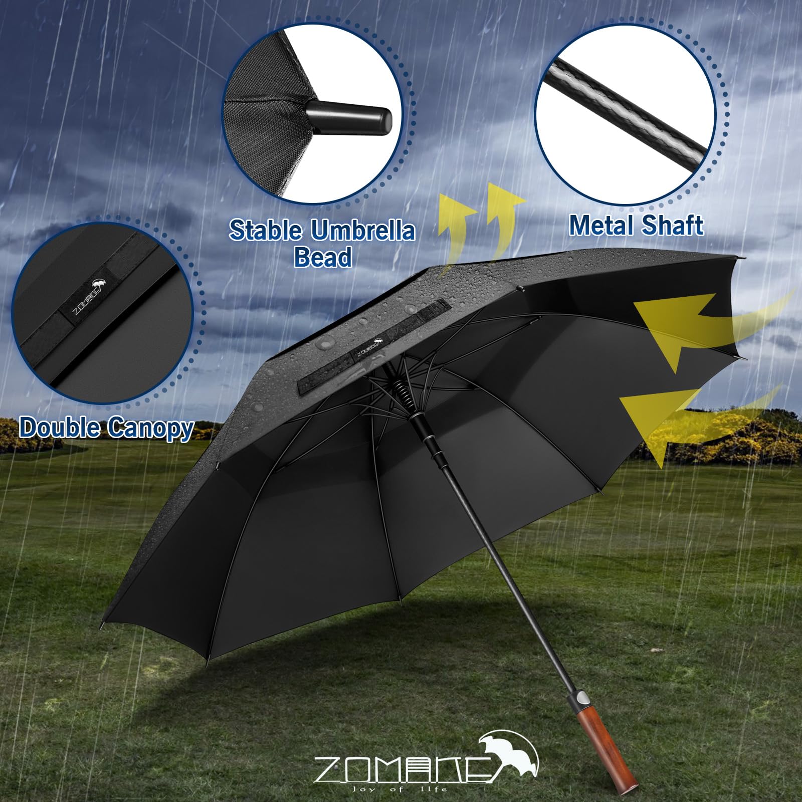 ZOMAKE Duży wiatroszczelny parasol golfowy – 152/137 cm, duży parasol golfowy, podwójny baldachim, wentylowany dla mężczyzn, bardzo duży parasol automatycznie otwierany z drewnianym uchwytem
