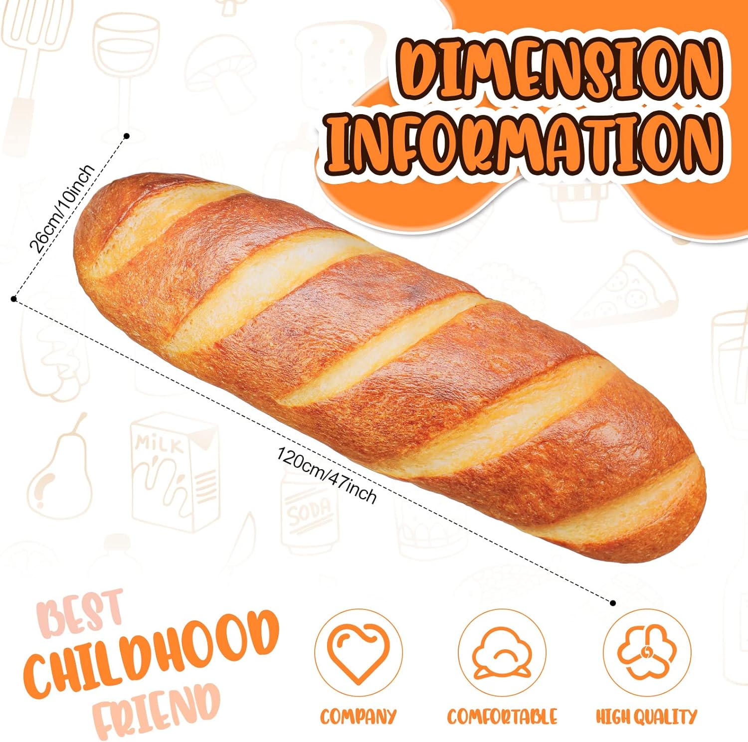 Yookeer 3D Simulation Bread Pillow 47.24 Inches Funny Food Pillow Giant Baguette Cushion Bread Body Plush Food Cushion for Sleeping Decor