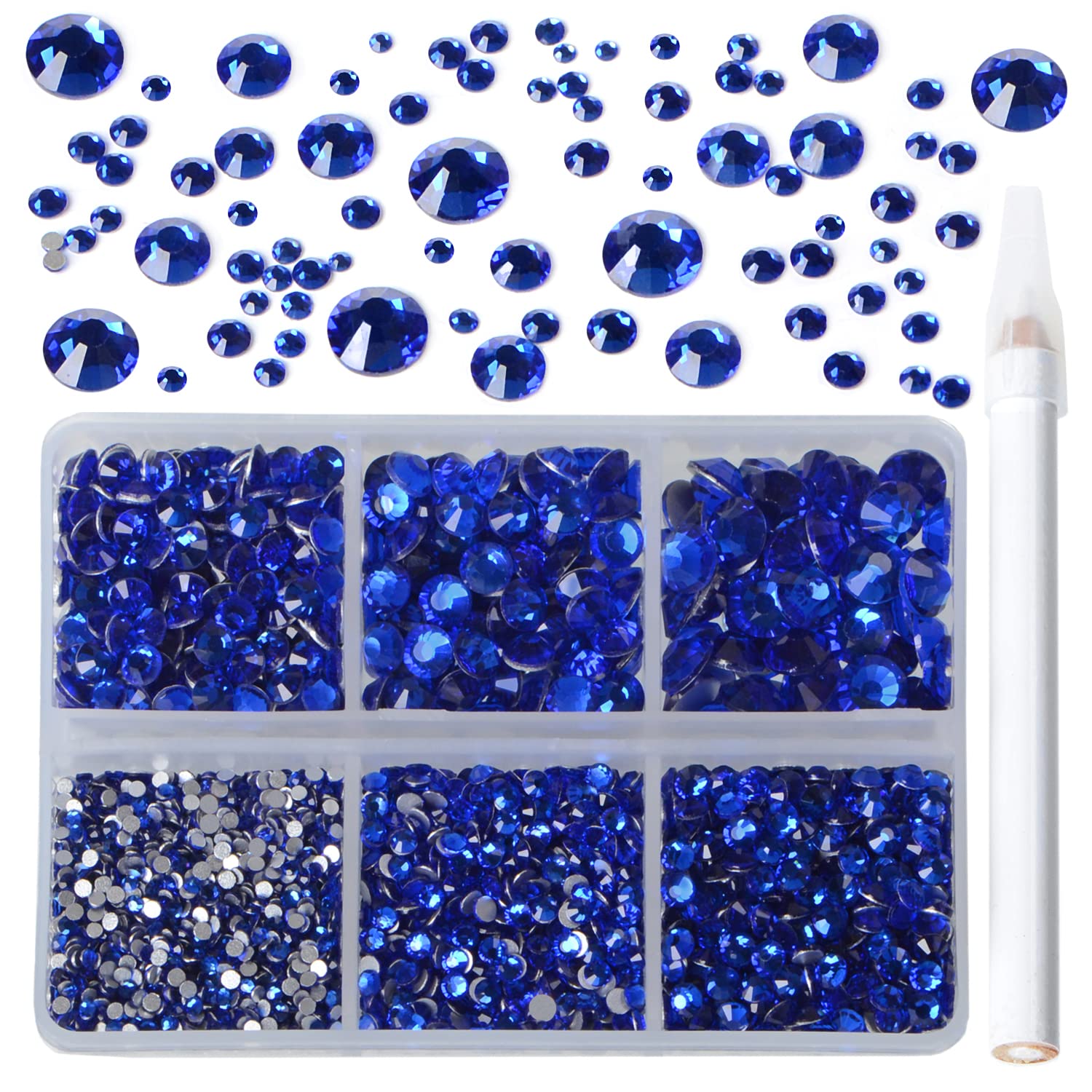 Bymitel 5000 Pieces 6 Mixed Sizes Glue Fix on Glass Rhinestones Round Crystal Gems Flatback for DIY Jewelry Making with one Picking Pen (6-Sizes 5000PCS, Sapphire)