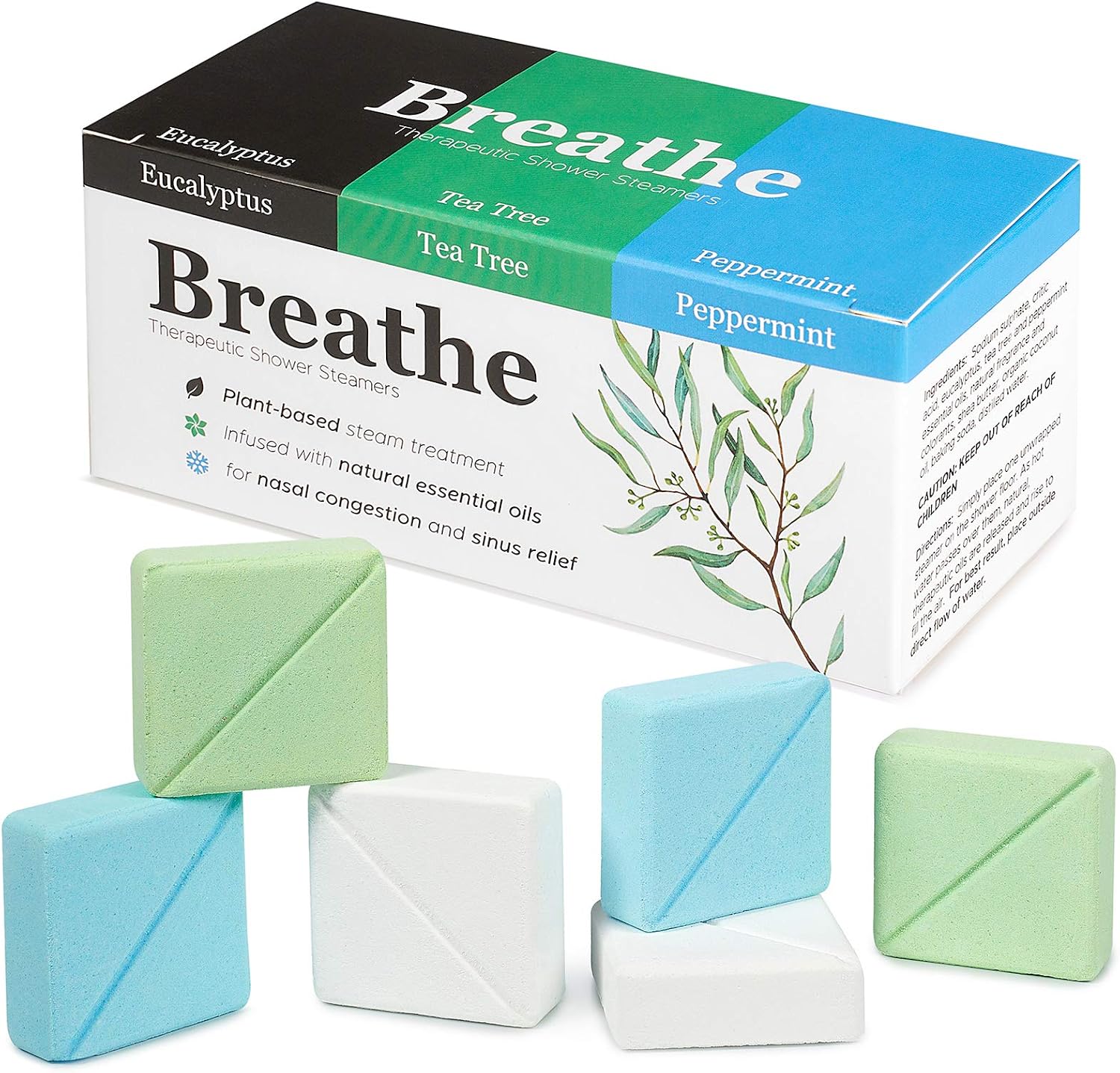 InYourNature BREATHE Shower Steamers Eucalyptus, Peppermint & Menthol and Tea Tree, 6 x Shower Tablets Aromatherapy with Organic Essential Oils for Sinus Relief, Shower Bombs for Women and Men as Gift