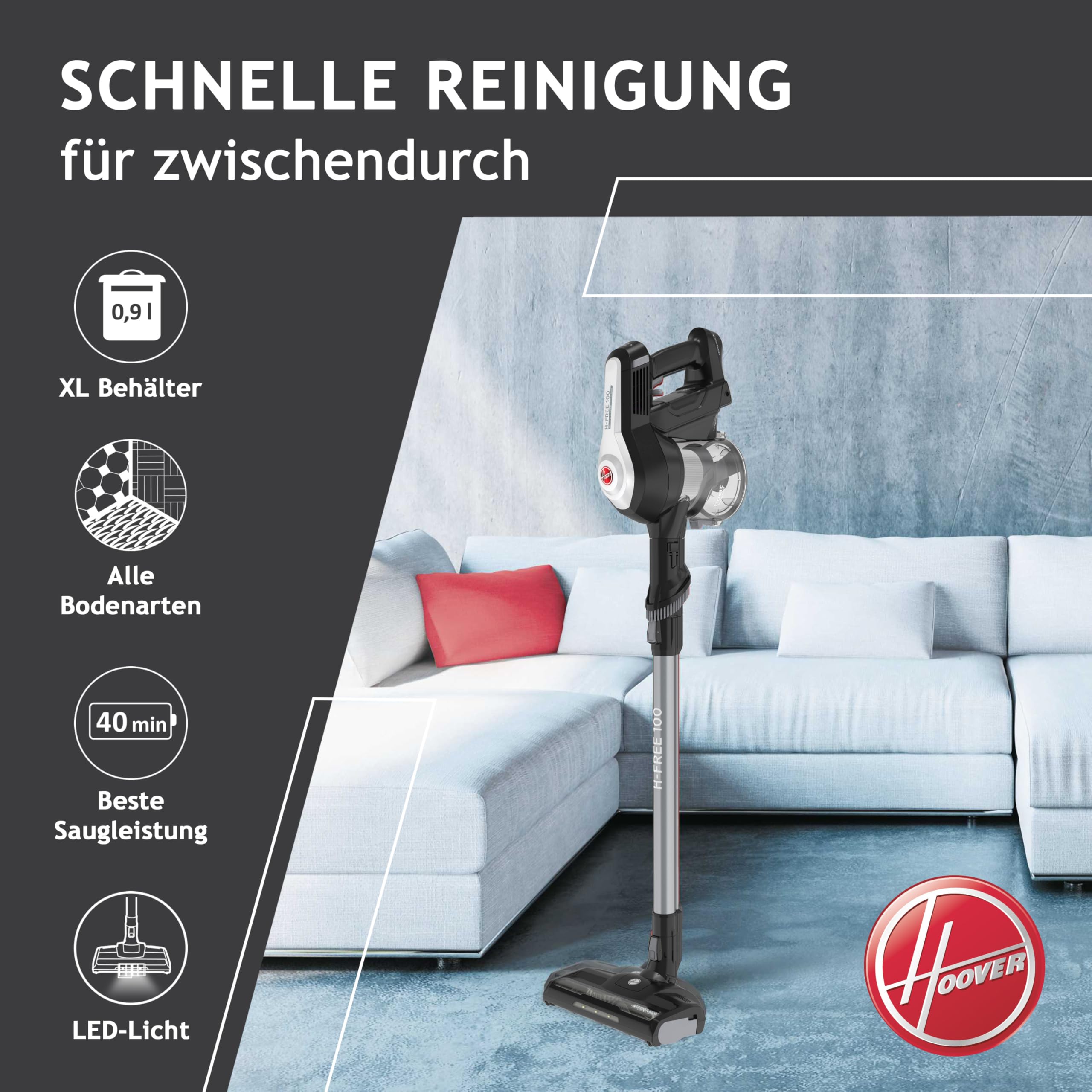 Hoover H-Free 100 Pets Akku-Staubsauger, 2-in-1, Mini-Turbodüse für Tierhaare, bis zu 40 Min. Laufzeit, motorisierte LED-Bodendüse, beutellos, kabellos, Modell: HF122BPT, Grau/Titan