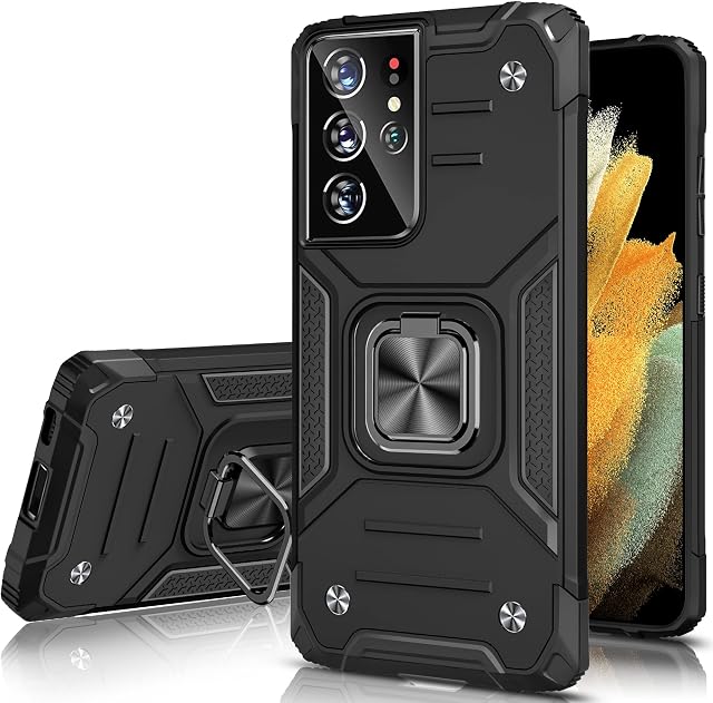 Honeyview ShockProof Case for Samsung Galaxy S21 Ultra 5G with Ring Kickstand, Bumper Armour Phone Cover for Samsung Galaxy S21 Ultra 5G - Black