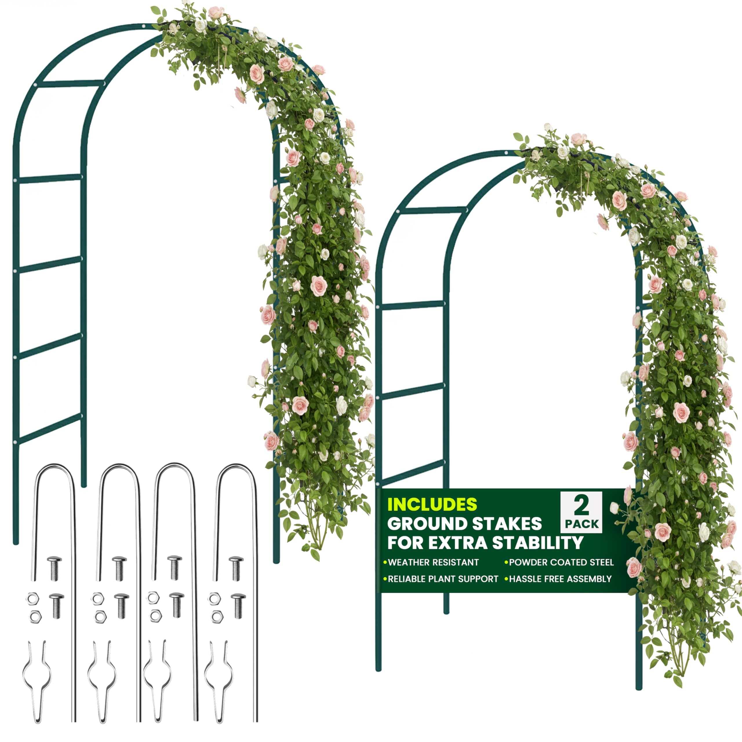 Metal Garden Arch 2.4M with Ground Stakes - 2 Pack Garden Arbour Arch Florence Trellis Plant Support for Roses Flowers - Climbing Plants Archway Indoor Outdoor Wedding Decoration — image 1