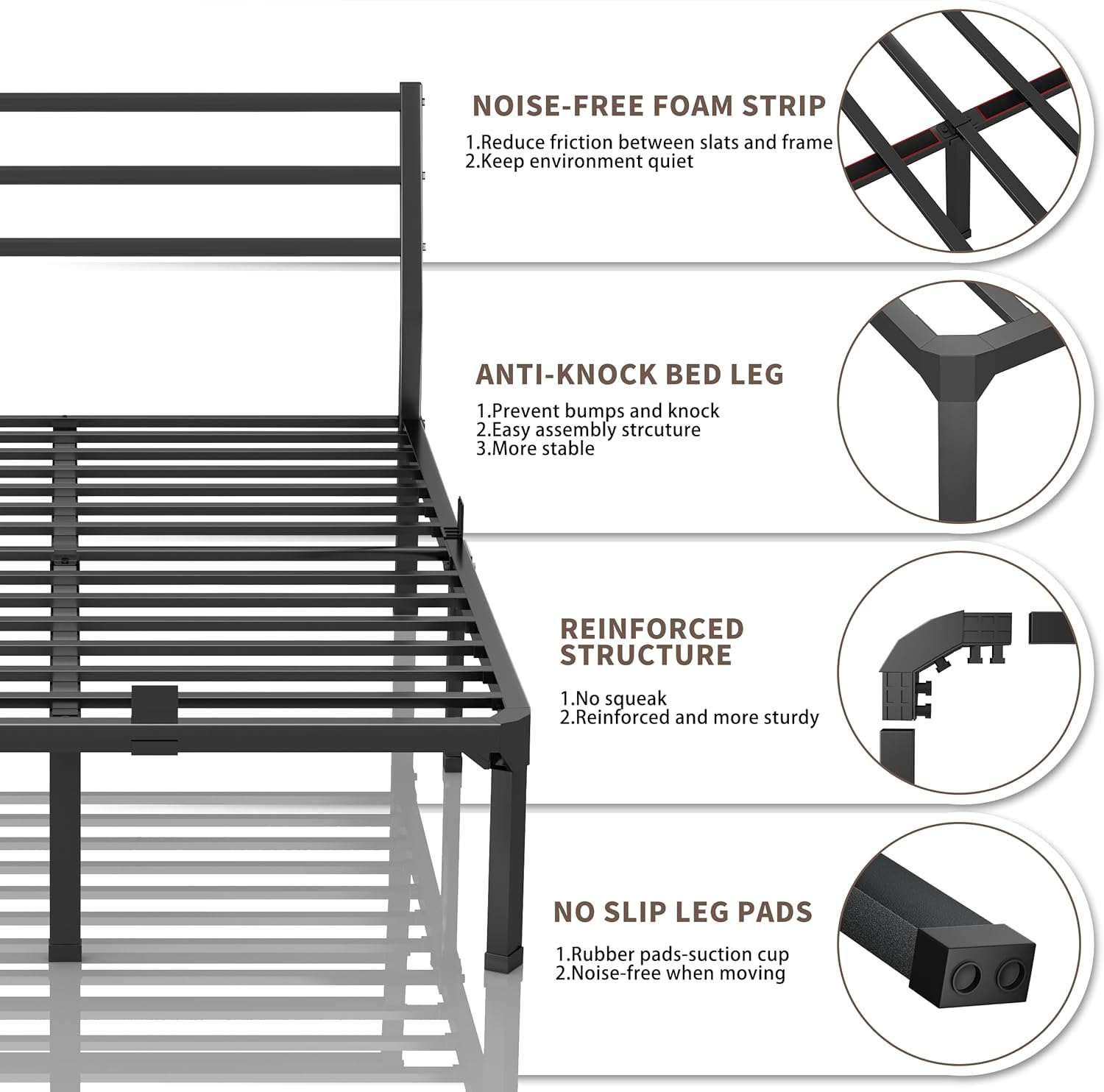 ROIL Queen Size Metal Bed Frame with Headboard, 14inch Black Heavy Duty Platform with Steel Slats Support and Mattress Stoppers, 3500LBS No Box Spring Needed, Easy Assembly Noise-Free