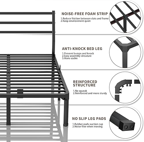 Miniatura 4 de ROIL Base de cama de metal tamaño Queen con cabecero, plataforma negra resistente de 14 pulgadas con soporte de listones de acero y tapones