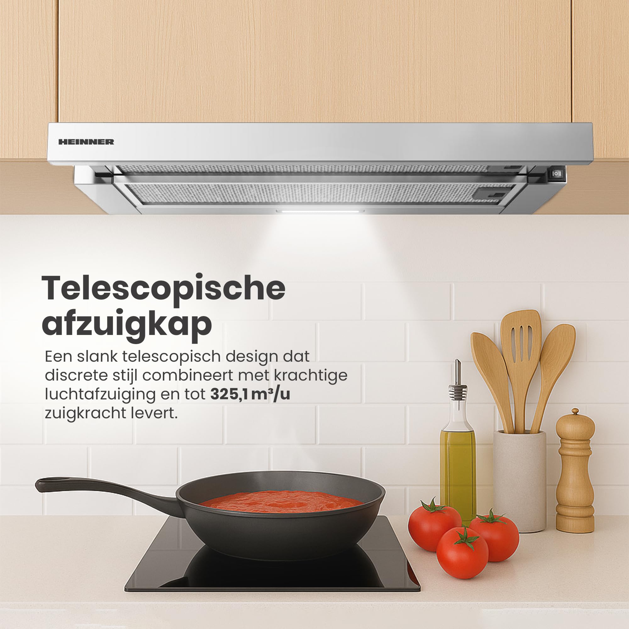HTCH-440FS Einbauherd | Teleskop | 60 cm Dunstabzugshaube | 329,6 m³/h Abluftleistung | LED-Beleuchtung | 2 Geschwindigkeitsstufen | Silber | 5 Jahre Garantie
