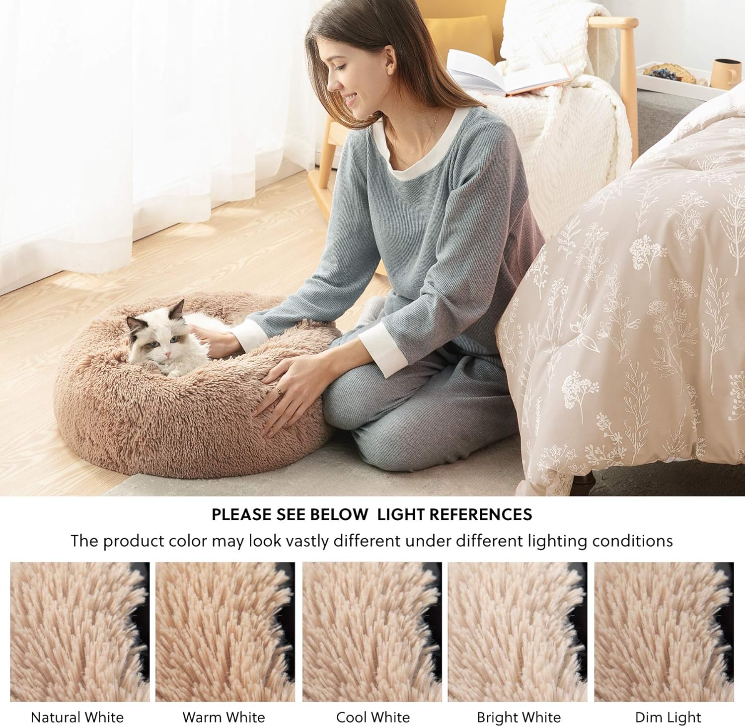 Bedsure Calming Cat Beds for Indoor Cats - Large Cat Bed Washable 20 inches, Anti Anxiety Round Fluffy Plush Faux Fur Pet Bed, Fits up to 15 lbs Pets, Camel : Pet Supplies