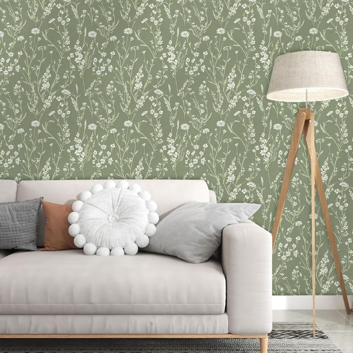 HLNIUC Wallpaper Green Peel And Stick,Vintage Flower Wallpaper,Green Plants Stickers(44x300cm) Floral Wall Paper Self Adhesive,Light Botanical Stickers For Living Room Bedroom Wall Cabinets