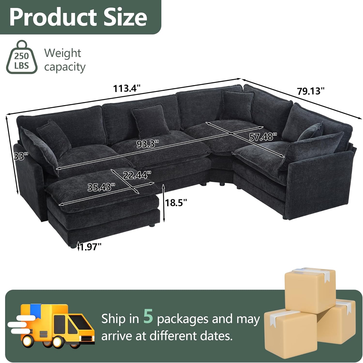Product dimensions diagram for the sectional sofa