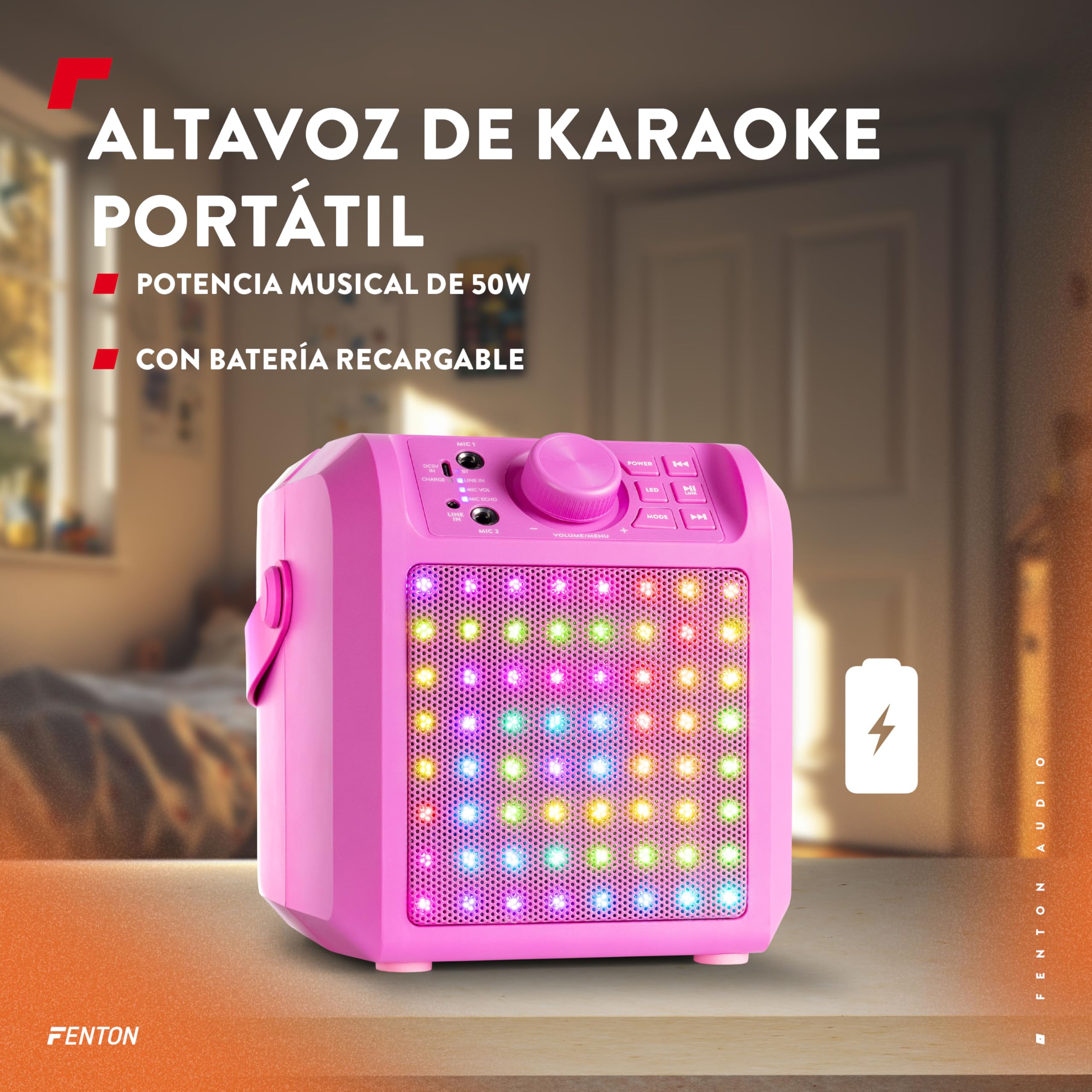 Fenton KAR50P Altavoz karaoke Bluetooth con batería y 2 micrófonos