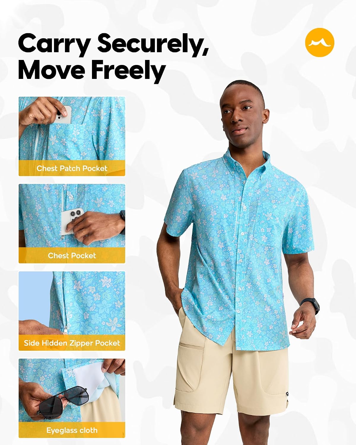 maamgic Men’s Button Down Short Sleeve Shirt, UPF50+ Sun Protection, Quick Dry Vented Back, Hawaiian Mens Summer Beach Shirt