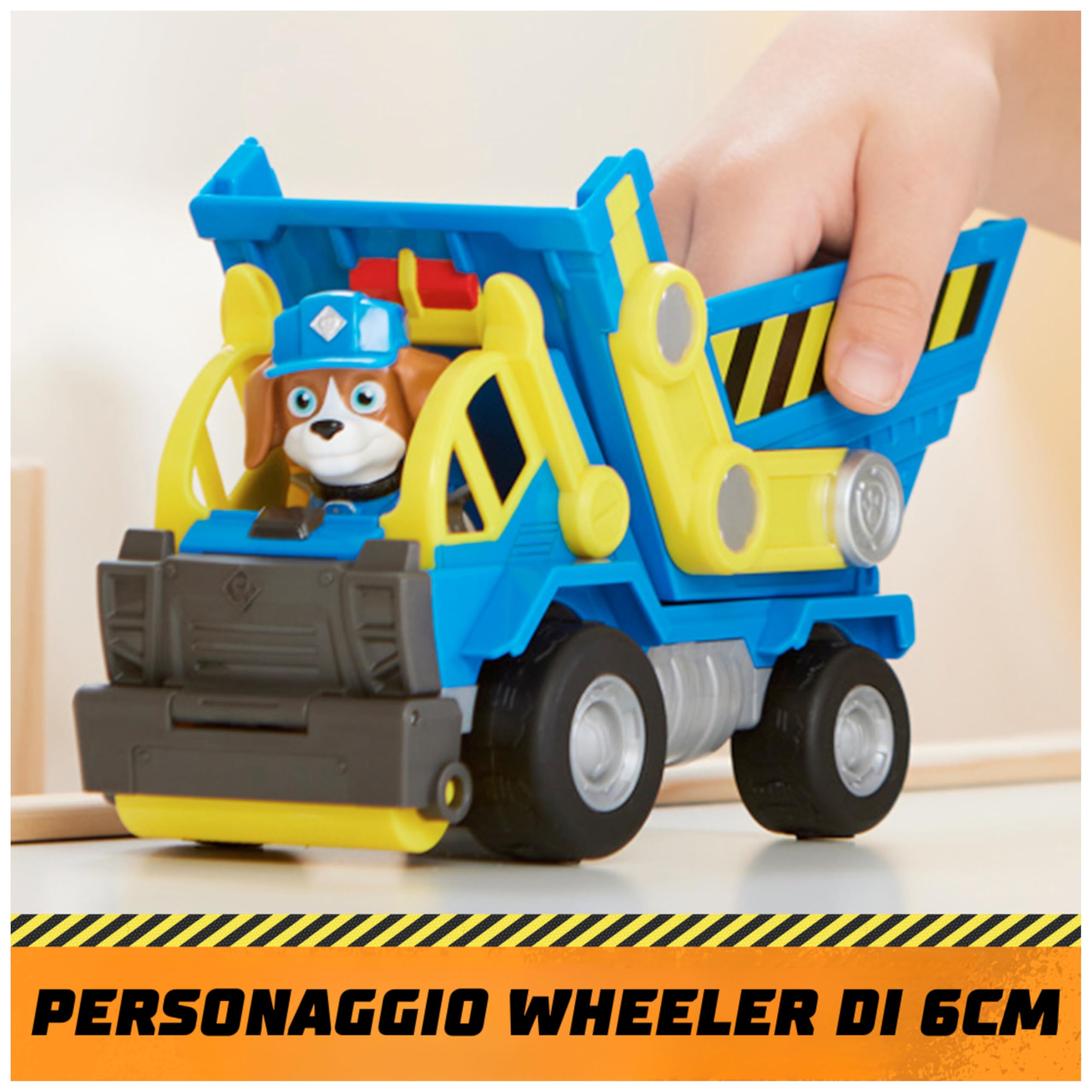 Rubble & Crew, Veicolo da lavoro di Wheeler, Camion ribaltabile con parti mobili e personaggio da collezione, giocattoli per bambini dai 3 anni in su