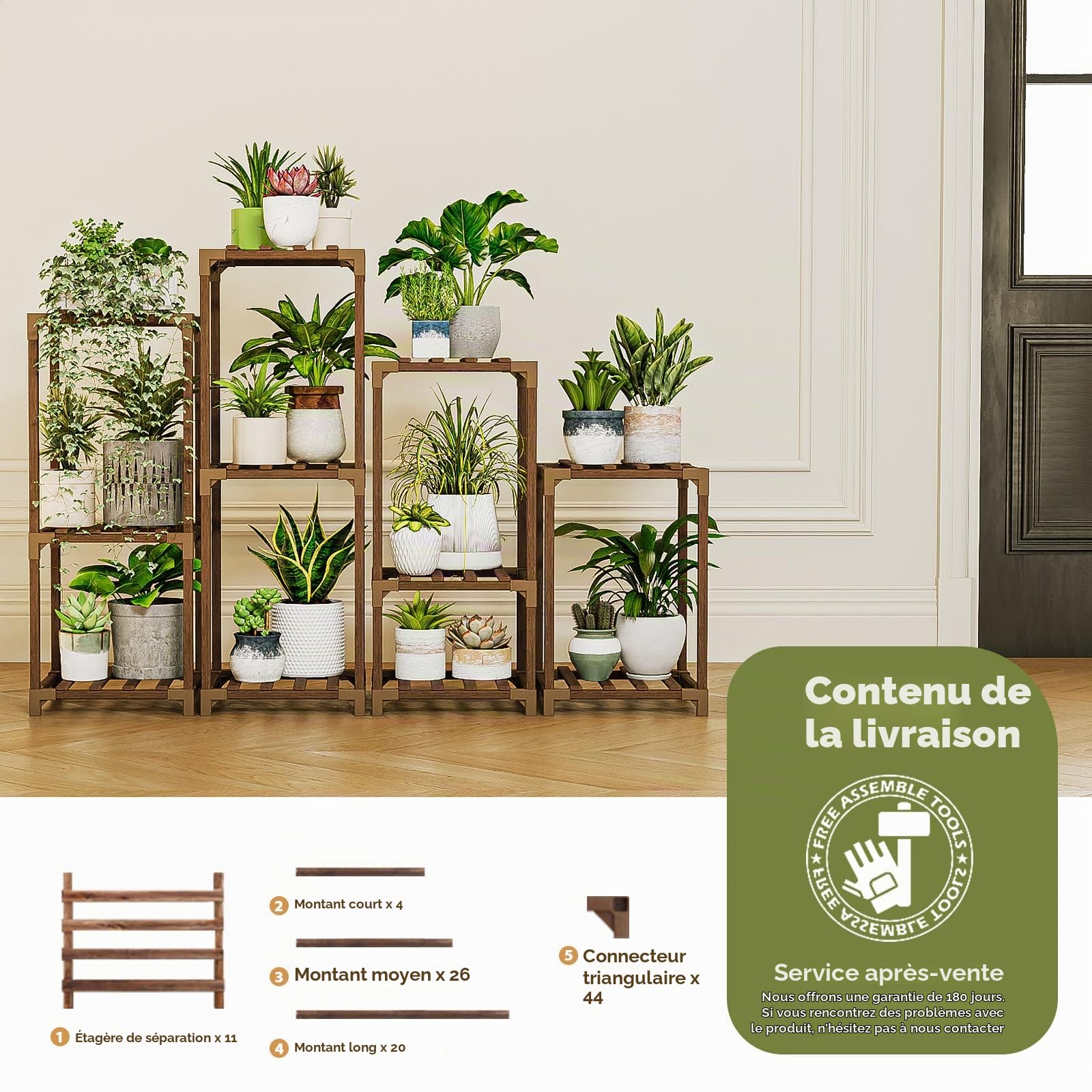Bamworld Lot de 4 supports pour plantes d'intérieur et d'extérieur pour salon, balcon, jardin