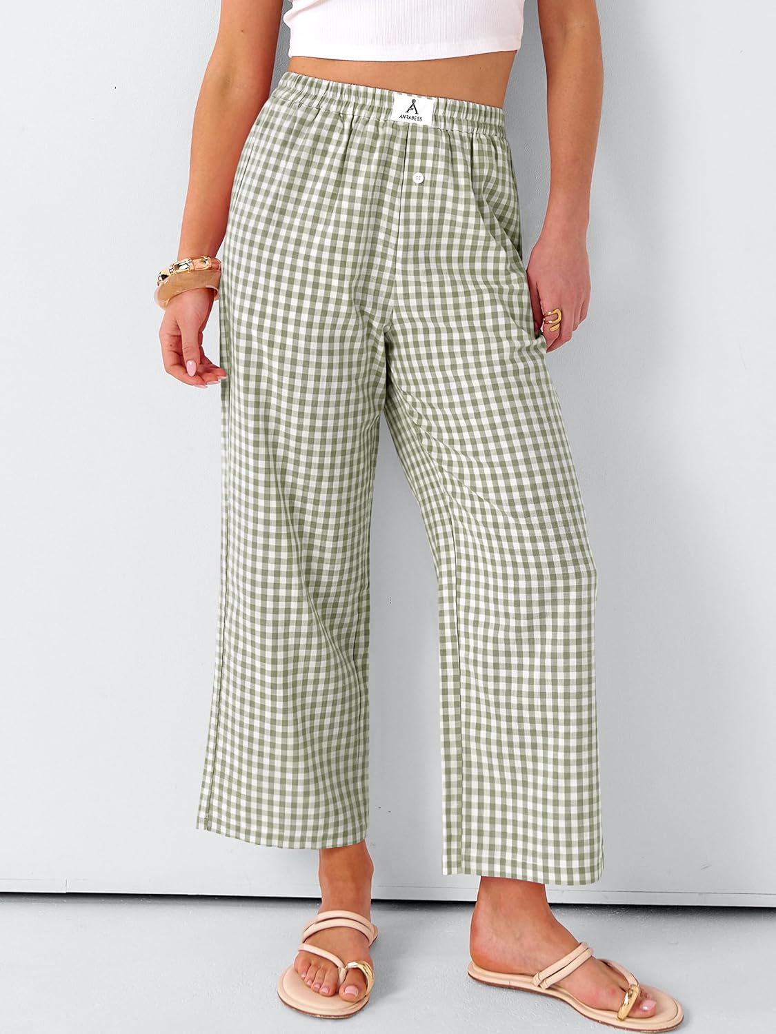 ANRABESS Women Striped Gingham Palazzo Cropped Pants Wide Leg Pajama Lounge Pants Plaid PJ Bottoms Cute Trousers with Pockets - Image 2