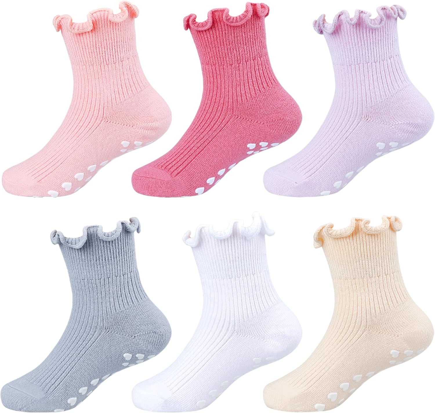 Mcool Mary Toddler Ruffle Socks for Girls,Baby Grip Socks with Non-Slip, Cute Grippy Lettuce Frilly Sock,6 Pairs(3-9Y)