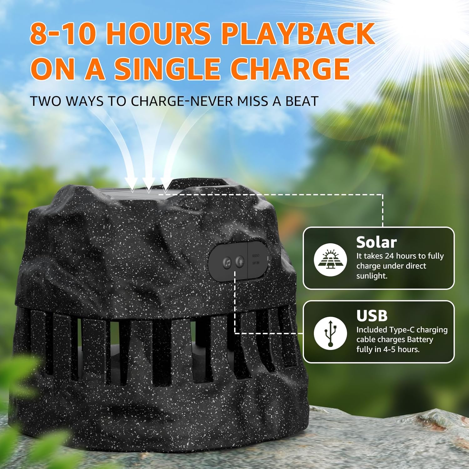 2-Pack Solar Powered Rock Speakers Waterproof Patio TWS Pair, 2 in 1 Charging, Rechargeable Outdoor Rock Speaker, IP44 for Pool Party Yard Outside Garden(Black)