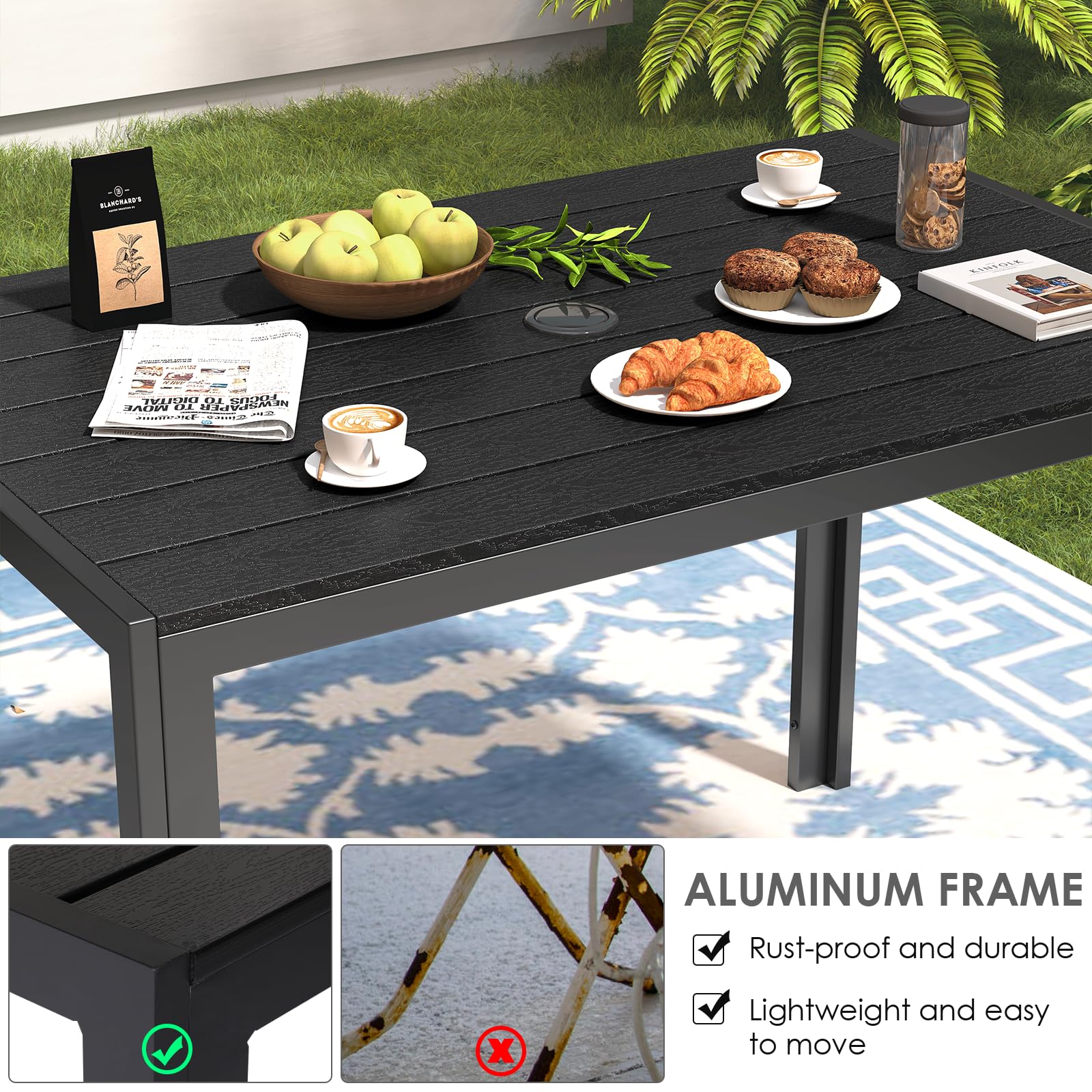 LIFERUN Tavolo da Giardino con Foro per Ombrellone 110x70 cm | Tavolo da Esterno Balcone Rettangolare in Alluminio e WPC per 4-6 Persone, Resistente alle Intemperie, Nero